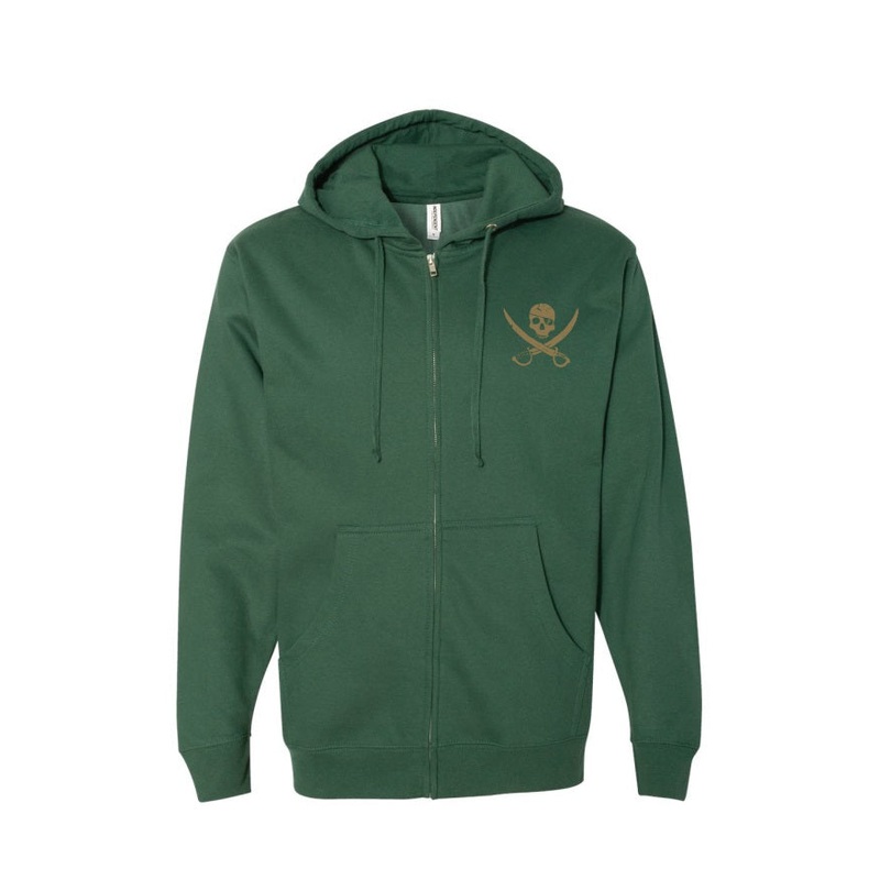 Pirates Press Records – Pirate Flag Logo / Bottle Logo – Gold on Green – Zip-Up Hoodie