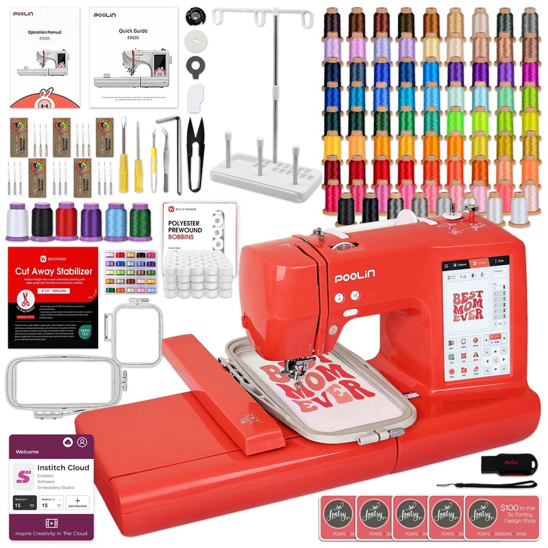 POOLIN EOC05 4in x 9.2in Embroidery Machine with Embroidery Spools Bundle – Red
