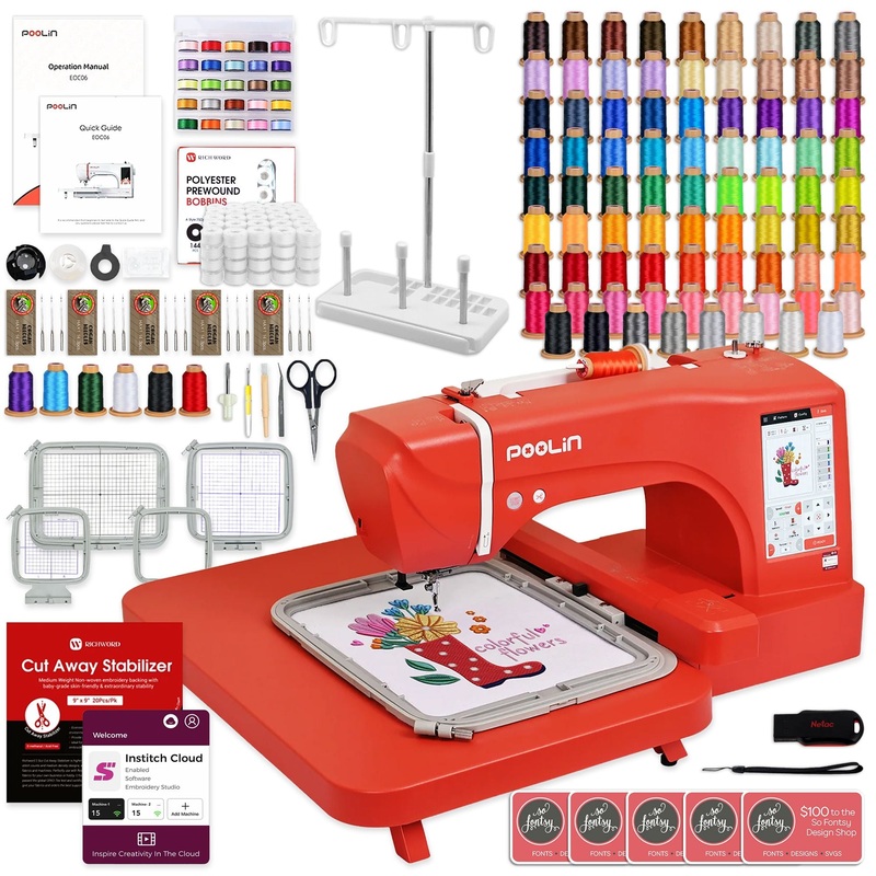 POOLIN EOC06 7.9in x 11in Embroidery Machine & Embroidery Thread Bundle – Red