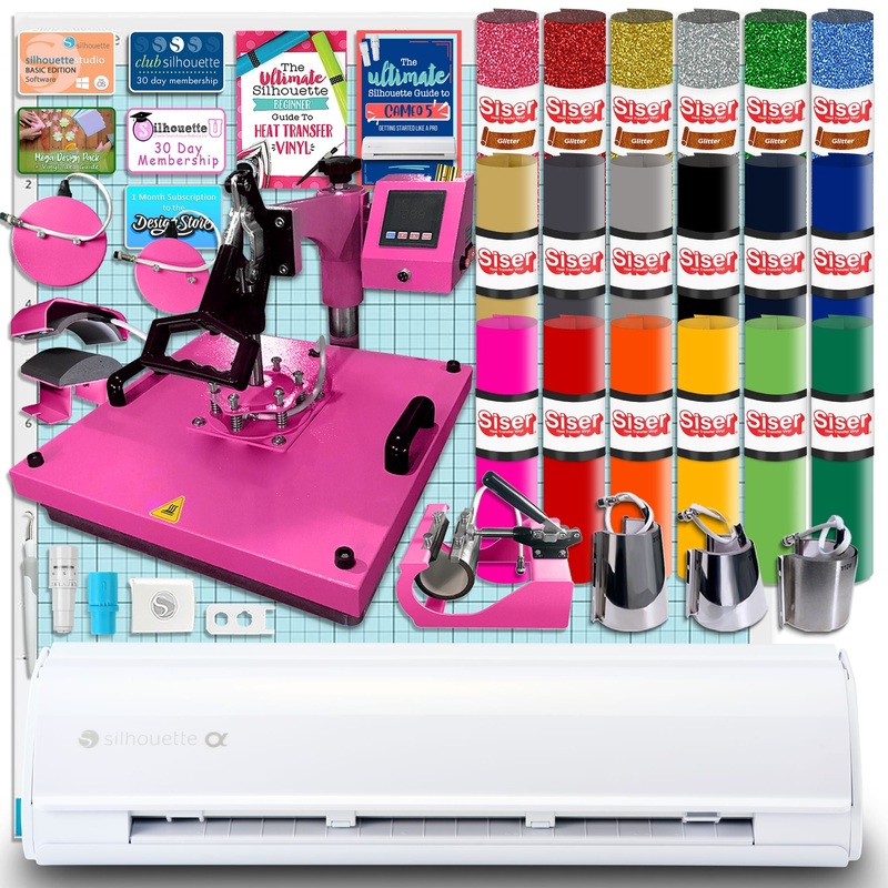 Silhouette White Cameo 5 Alpha w/ 8-in-1 Pink Heat Press & Siser HTV