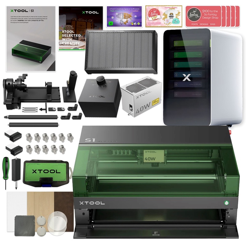 xTool S1 Laser Cutter & Engraver Machine Bundle w/ Rotary, Riser, Filter