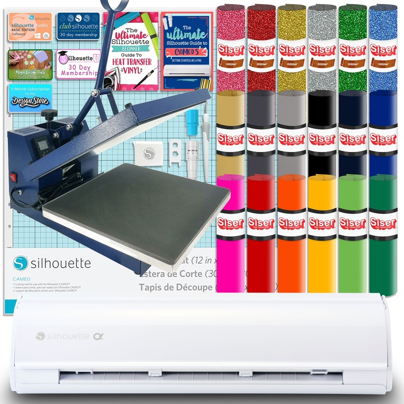 Silhouette White Cameo 5 Alpha w/ 15″ x 15″ Navy Heat Press & Siser HTV